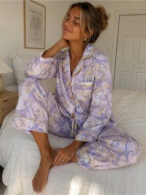 BedHead Vintage 90s / Y2K Cotton Fine Pajama Set XL Lavender Floral Cottagecore